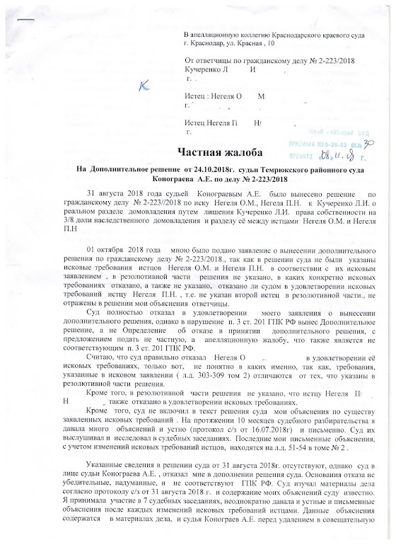 Частная жалоба на определение районного суда по гражданскому делу образец заявления