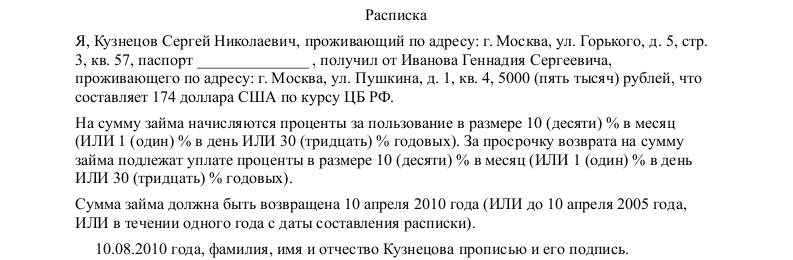 Как правильно писать расписку образец на деньги в долг