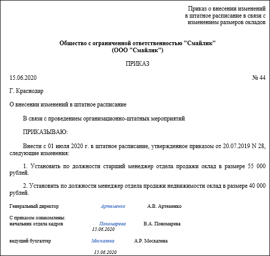 Внесение изменений в приказ о приеме на работу образец