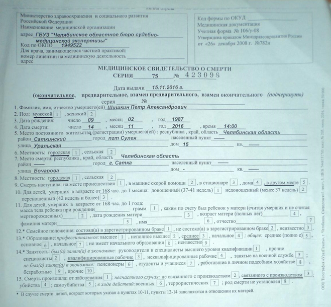 Медицинское свидетельство о смерти форма 106 у 08 образец