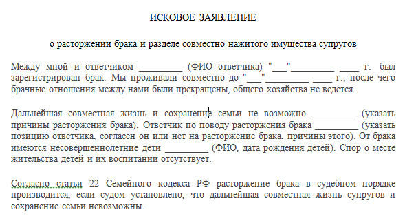 Образец искового заявления о разделе совместно нажитого имущества в гражданском браке