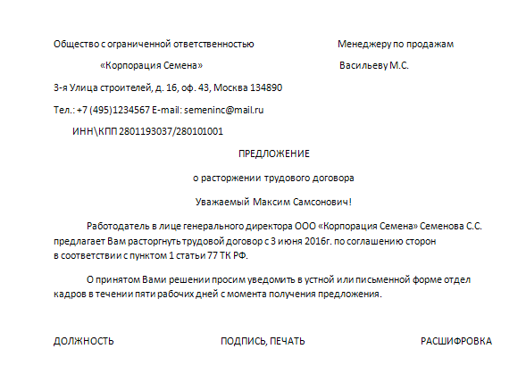 Как отозвать заявление на увольнение по соглашению сторон образец