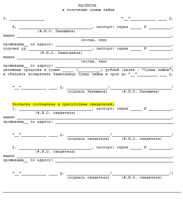 Форма расписки о получении денег образец между физическими лицами в долг