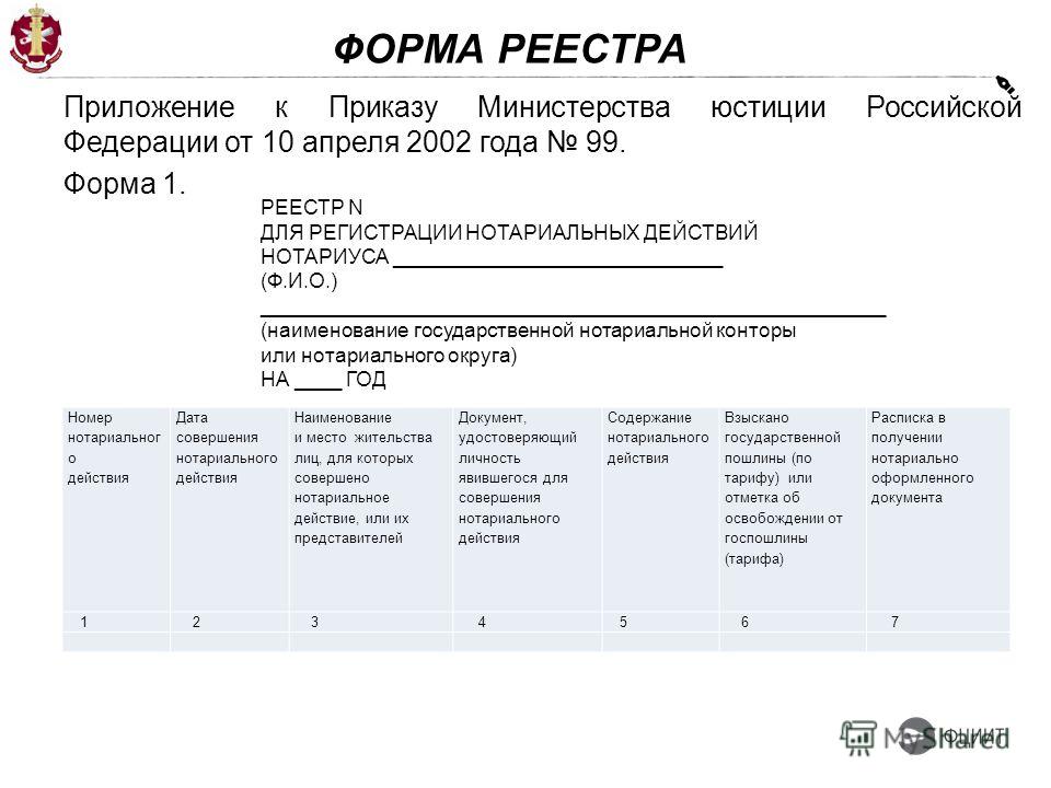 Форма реестра