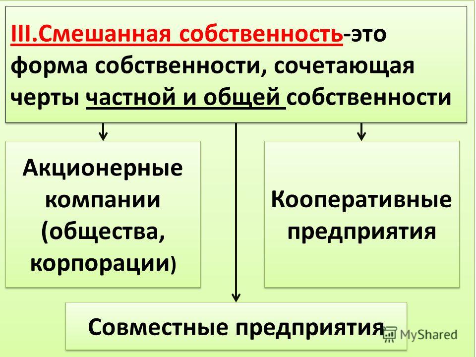 Преобладает частная форма собственности. Смешанная форма собственности. Смешанная собственность. Смешанная форма собственности примеры. Виды собственности смешанная.