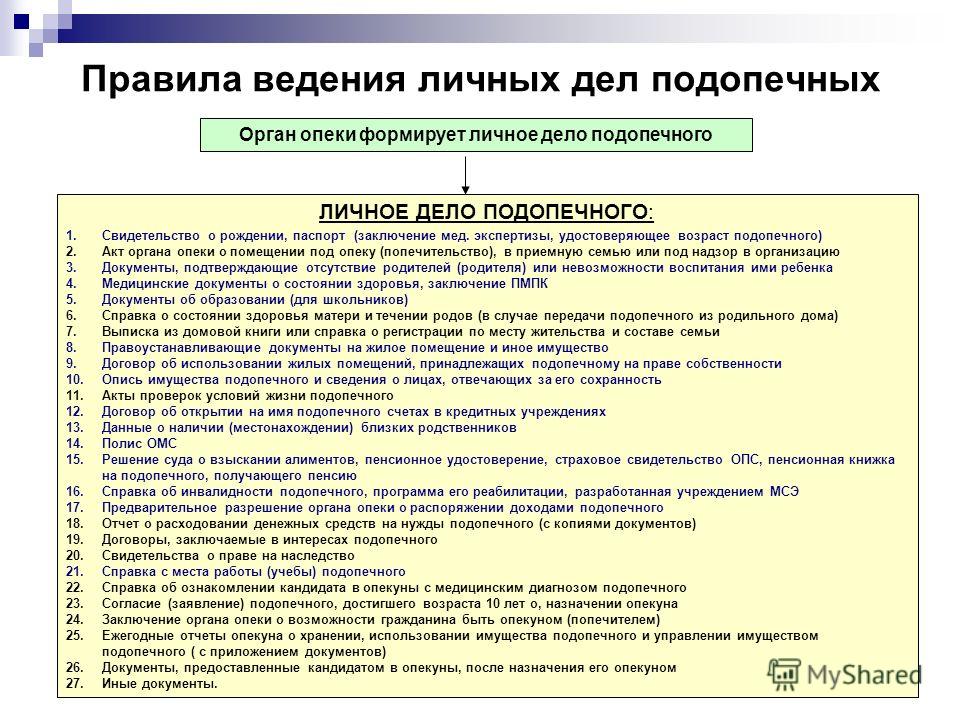 Выплаты подопечным. Порядок ведения личных дел. Правила ведения личных дел подопечных. Формирование личного дела. Документы необходимые для оформления попечительства.