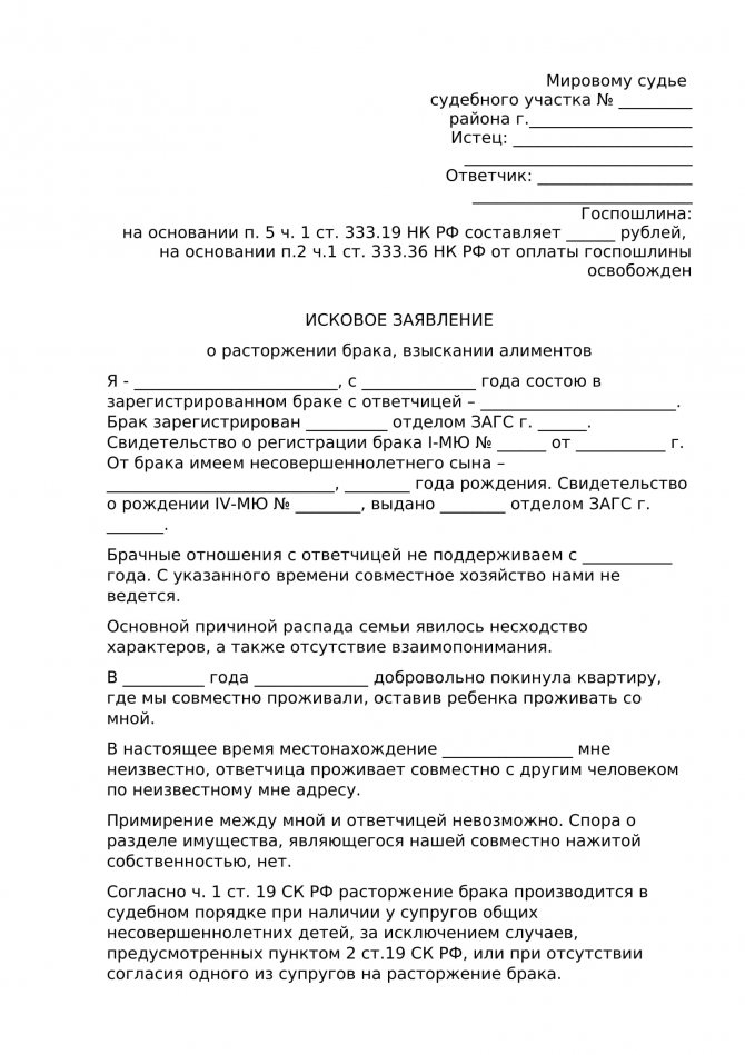 Заявление в суд на расторжение брака при наличии несовершеннолетних детей образец