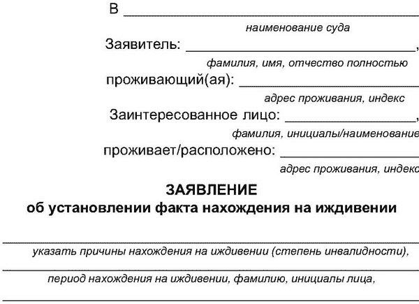 Заявление об установлении факта нахождения на иждивении умершего супруга образец