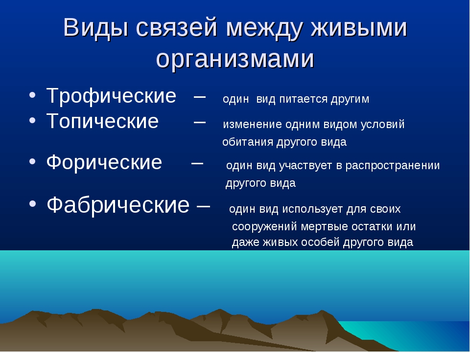 Между организмами разных видов. Типы связей между организмами. Виды связей между живыми организмами. Трофические и топические связи. Топические форические Фабрические трофические связи.