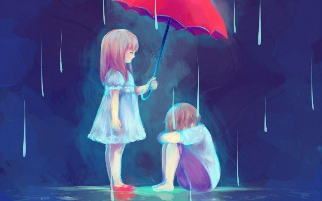 Девочка держит зонт мальчику