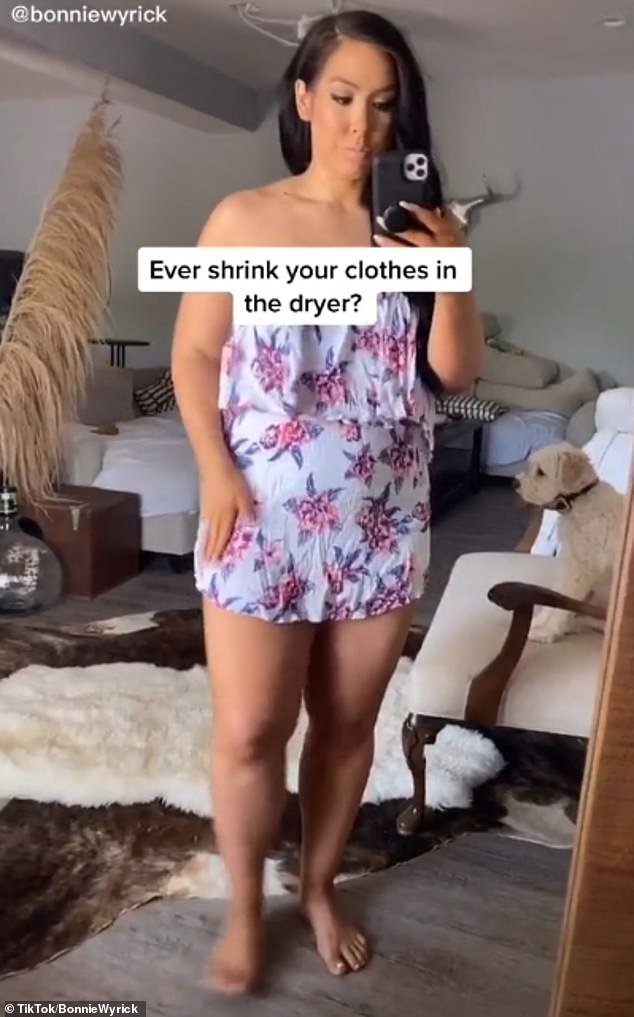 Bonnie Wyrick, from Omaha, Nebraska, has revealed how you can unshrink your clothes using conditioner. Pictured, wearing the shrunken dress