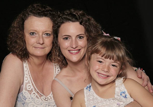 Louise, 26, centre, is still recovering from the devastating stroke. She says it was thanks to her mother Maggie, 55, left, that she managed to form a relationship with her newborn daughter Chloe, who is now six, right